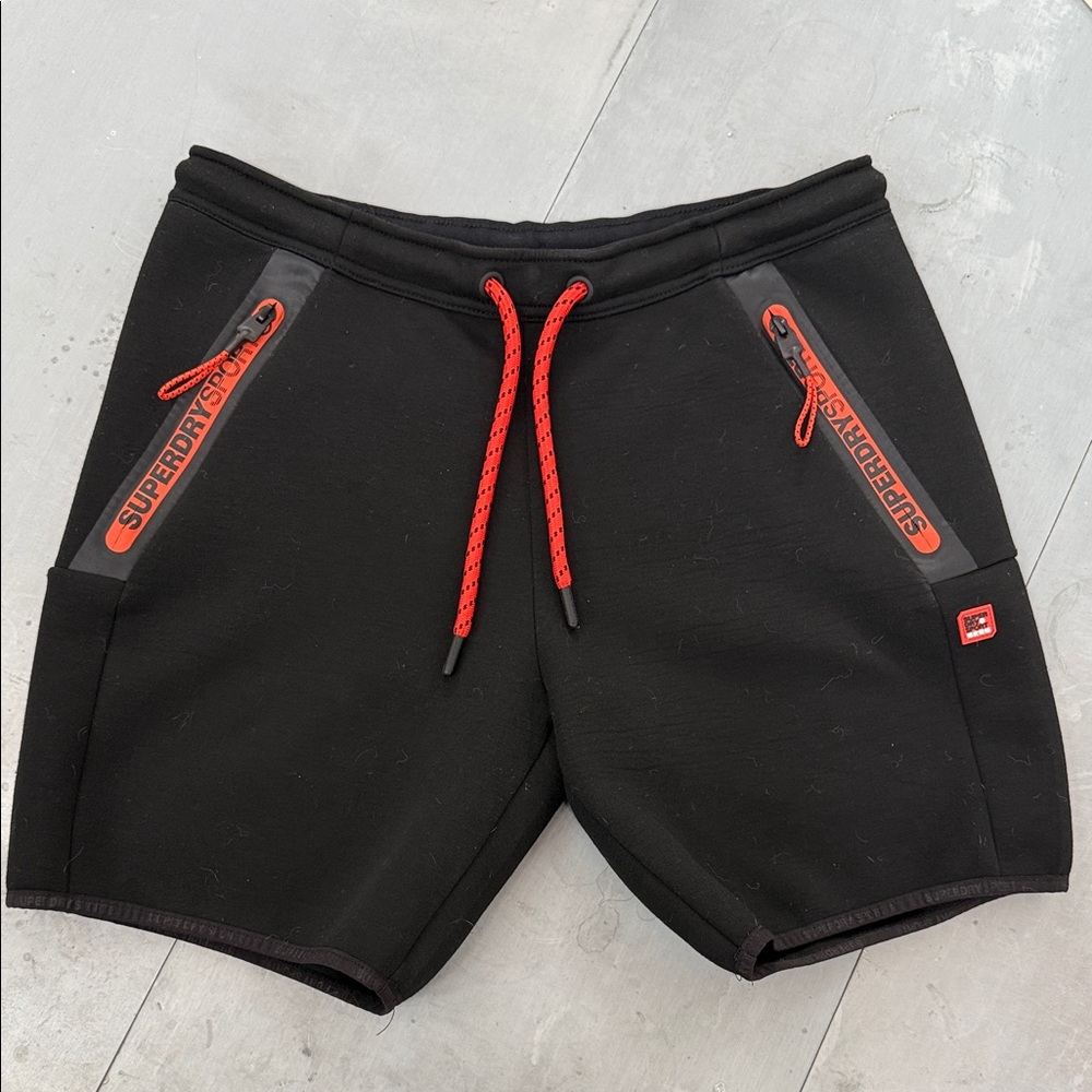 EUC Superdry Sport Black Athletic Shorts men’s L with Bright Orange Accents